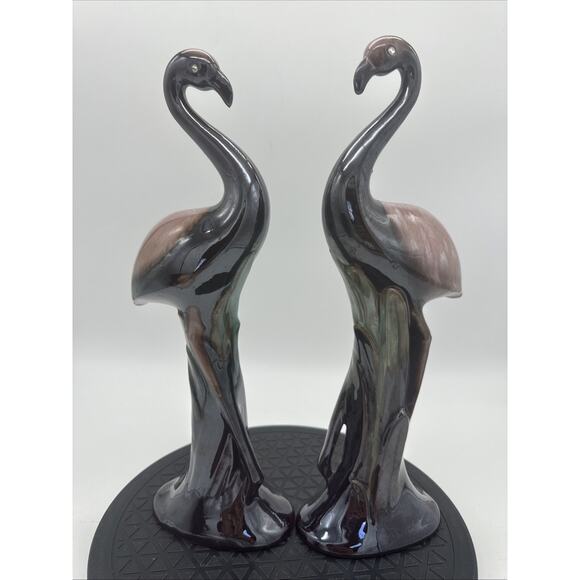 Pair Of Vintage MCM Redware Ceramic Flamingos Green Glaze - Picture 3 of 9